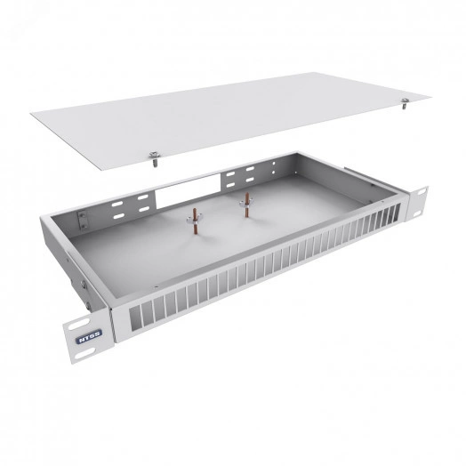 Кросс оптический 19'' частично укомплектованный 1U, 24 порта LC quadro (сплошная панель, сплайс-кассета-3шт) серый RAL 7035