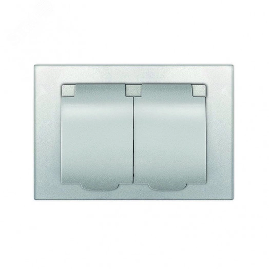 Розетка двухместная UNIVersal серия Афина с/з с крышкой, с/у, 16А, 220В, серебро (еврослот), механизм