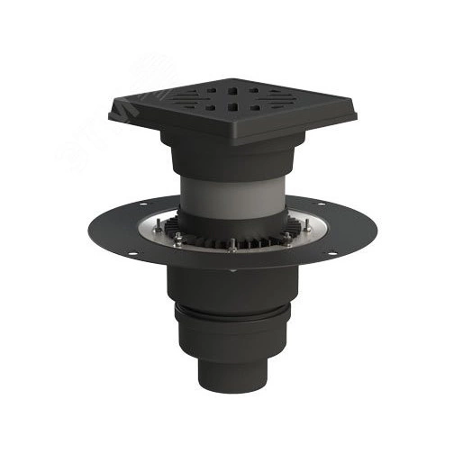 Трап вертикальный дворовый регулируемый ТП-616.1.110 с выходным диаметром 110,160 мм с прижимным фланцем, чугунной решеткой и подрамником