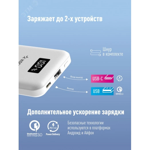 Внешний аккумулятор 10000 мАч USB TYPE-C 5V-12V