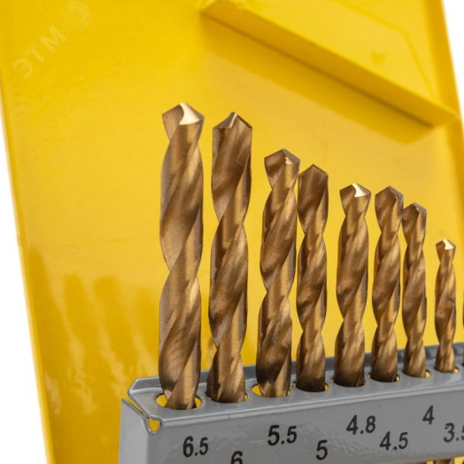 Набор сверл по металлу, 1,5-6,5 мм (через 0,5 мм, 3,2 мм, 4,8 мм), НSS, ТИТАН, цилиндрический хвостовик, металлический кейс, 13 шт.