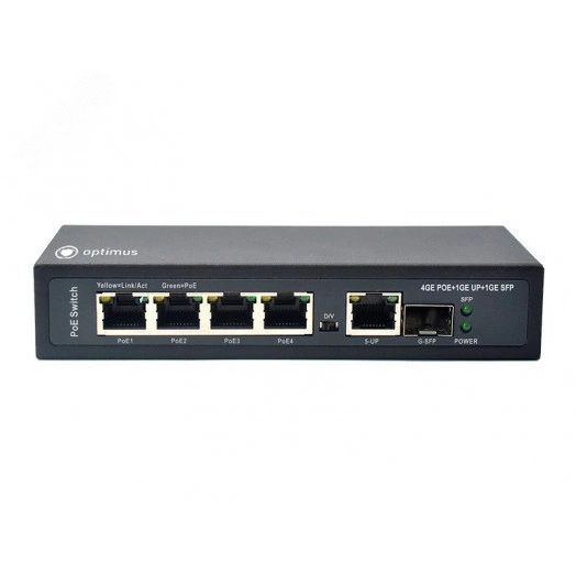 Коммутатор неуправляемый 4 порта RJ45/SFP 10 100 1000 Мб/с PoE 65Вт
