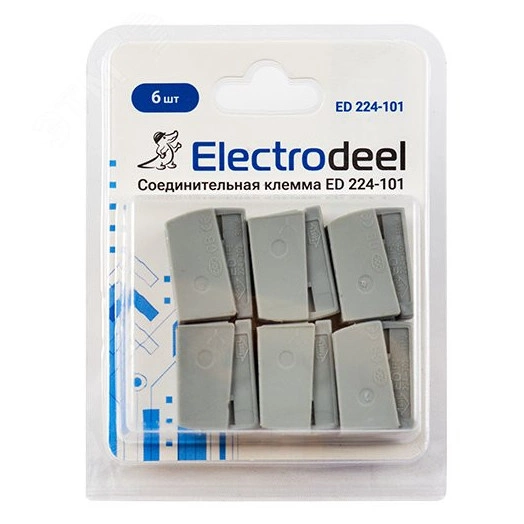 Клемма соединительная  1-контактная (6шт) Elеctrodeel. Диапазон сечений 0,5-2,5 мм2. Номинальный ток/напряжение: 24А/380В. Для ламп.Упаковка: блистер.