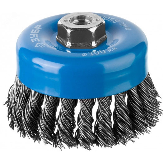 Щетка чашечная для УШМ, плетеные пучки стальной проволоки 0,8мм, 100ммхМ14 ''Профессионал''.