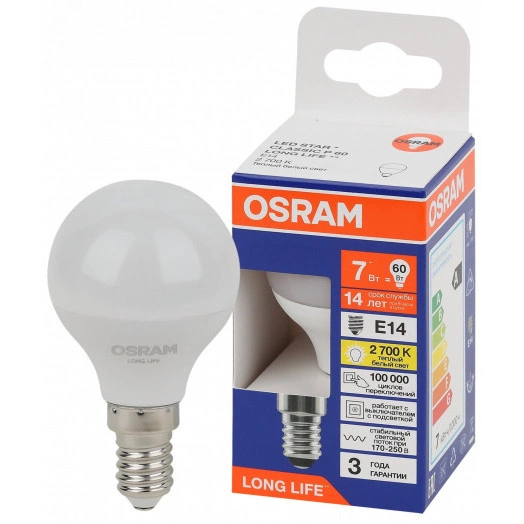 Лампа светодиодная LED 7Вт Е14 2700К 600Лм шар 220В (замена 60Вт) OSRAM