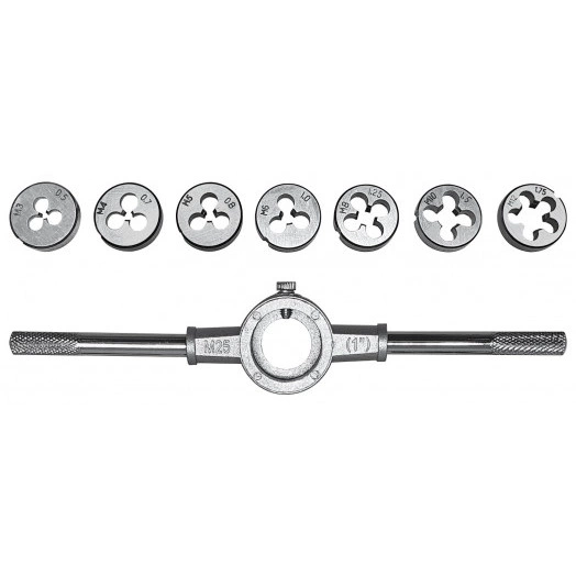 Плашки метрические, легированная сталь Профи 8 шт. М3-М12, плашкодержатель, блистер