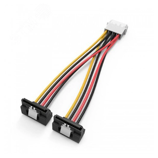 Кабель переходник питания MOLEX 4 pin M на 2xSATA 15 pin F, угол 90 гр., 0.15 м.