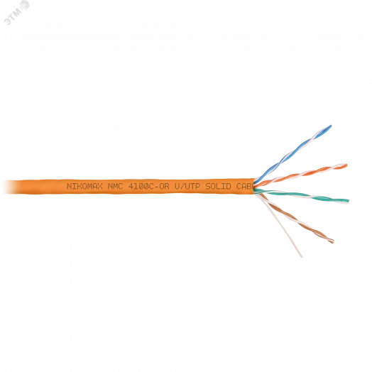 Кабель U/UTP 4 пары, Кат.5e (Класс D), тест по ISO/IEC, 100МГц, одножильный, BC (чистая медь), 24AWG (0,51мм), полимерный материал нг(А)-HF, внутренний, оранжевый, 305м
