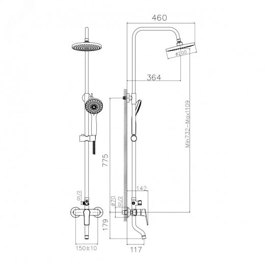 Система душевая 3-х функциональная со смесителем (тропический душ, лейка стационарная) латунь