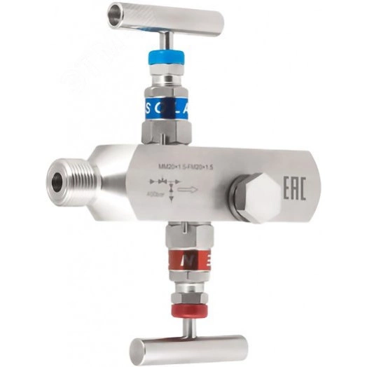 Клапан игольчатый двухвентильный SS-2R FM20х1.5-MM20х1.5 (внутр.-наруж.) нерж. сталь макс.рабочее давление 40 МПа