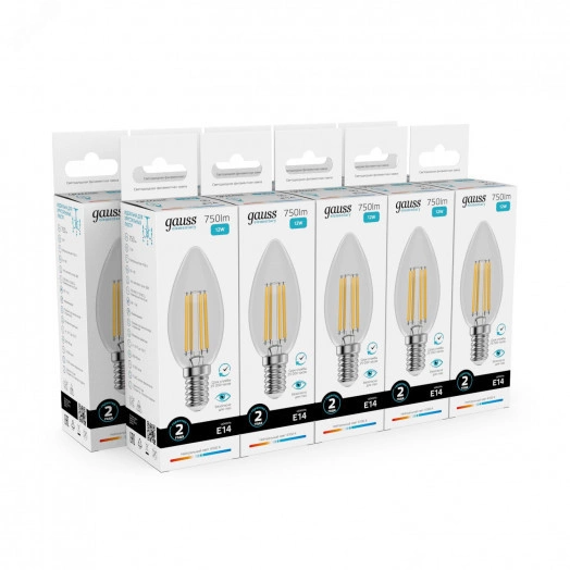 Лампа светодиодная филаментная LED 12 Вт 750 лм 4100К AC190-240В E14 свеча нейтральный Elementary Gauss