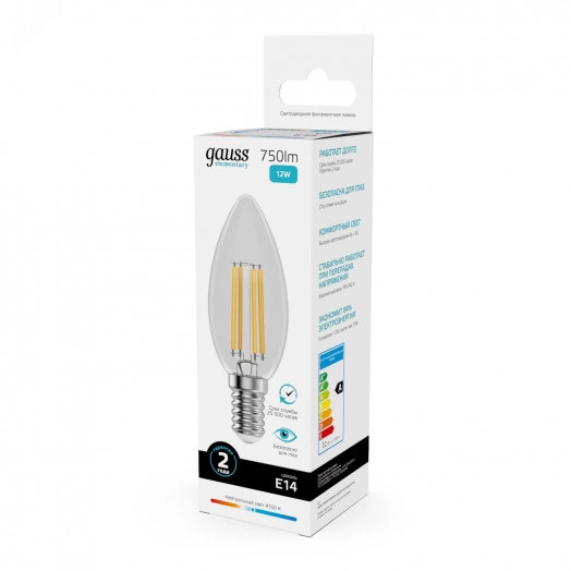 Лампа светодиодная филаментная LED 12 Вт 750 лм 4100К AC190-240В E14 свеча нейтральный Elementary Gauss