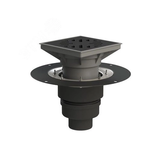 Трап вертикальный дворовый регулируемый ТП-616.110 с выходным диаметром 110,160 мм, с прижимным фланцем, чугунной решеткой