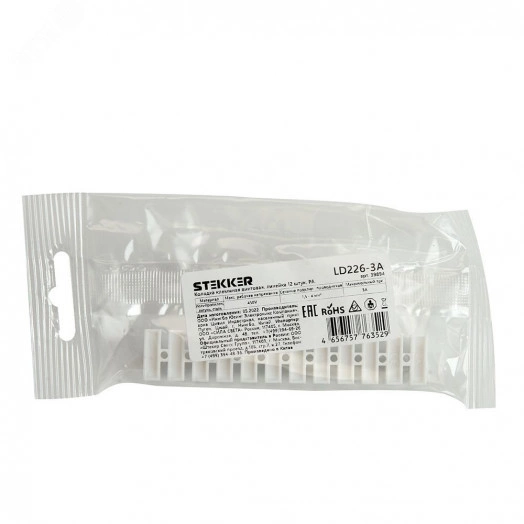 Колодка клеммная винтовая, линейка 12 штук, полипропилен, LD226-3A DIY