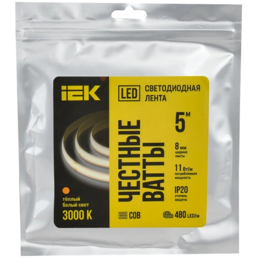 Лента LED 5м COB-480LED 11Вт/м IP20 8мм 24В 3000К IEK