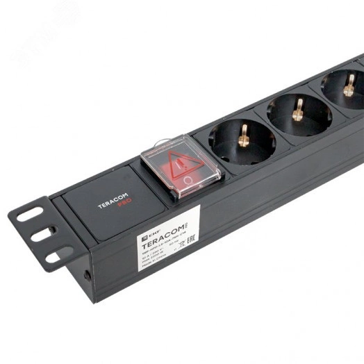 Блок розеток PDU TERACOM PRO 19' 1U 10А/250В 7 роз. Schuko с выключателем без шнура питания вх. разъем C14 корпус алюминий черный