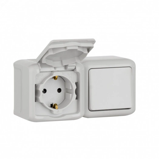 Quteo Блок: Выключатель + розетка с заземлением со шторками наружный серый IP44