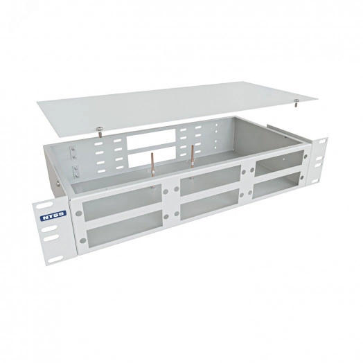 Кросс оптический 19'' частично укомплектованный 2U, 32/48 портов FC/ST (планки FC/ST-6шт, планка-заглушка-2шт, сплайс-кассета-2шт) серый RAL 7035