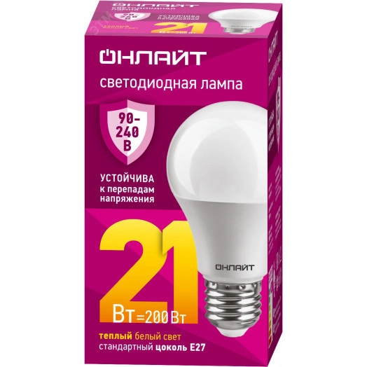 Лампа светодиодная 21вт OLL-A60-21-230-2.7К-E27 PRO 90-240В ОНЛАЙТ