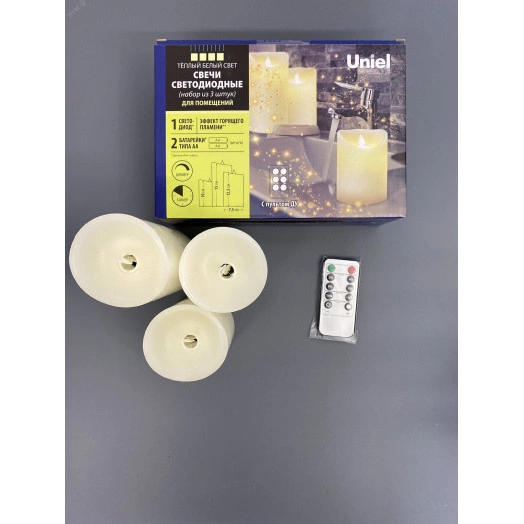 Фигура светодиодная Свеча на батарейках 2AA (не в/к) в составе набора из 3 штук Диммируемые 1 светодиод Теплый белый свет Пульт ДУ (в/к)  ULD-F055 WARM WHITE RC CANDLE SET3