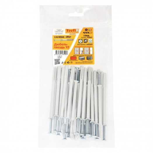 Дюбель-гвоздь YZ цилиндр. манжета нейлон 6x100 (30 шт) - пакет Tecfi