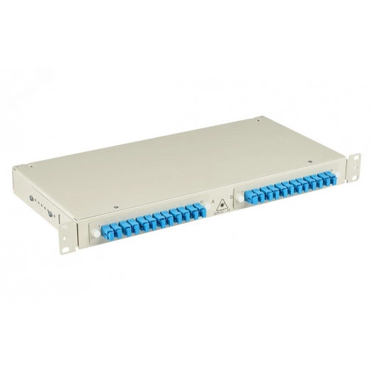 Кросс ШКОС-М -1U/2 -24 -SC ~24 -SC/SM~24 -SC/UPC, модернизированный, высота 1U, 2 кабельных ввода,  24 адаптера SC/SM, 24 пигтейла SC/UPC