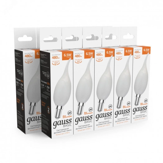 Лампа светодиодная филаментная LED 6.5 Вт 480 лм 2700К свеча на ветру теплый E14 AC 180-240В IP20 матовая колба Basic Gauss