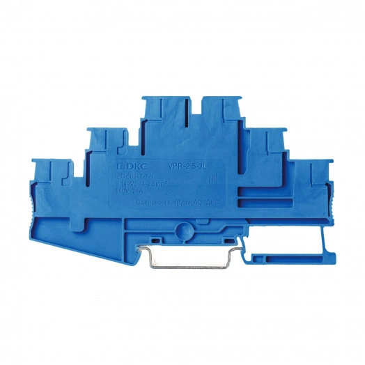 Клемма трехуровневая, зажим push-in, 6 точек подключения с перемычкой между уровнями, 2.5 кв.мм, синяя