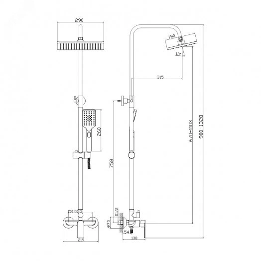Система душевая 2-х функциональная со смесителем (тропический душ, лейка стацианарная) латунь