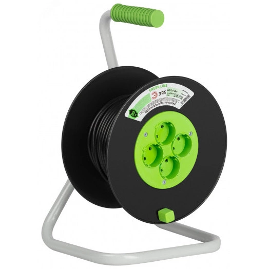 Удлинитель силовой на катушке пластик 4 розетки без заземления 20м ПВС 2x1мм2 GREEN LINE KAT-2x1-20m Greenline ЭРА