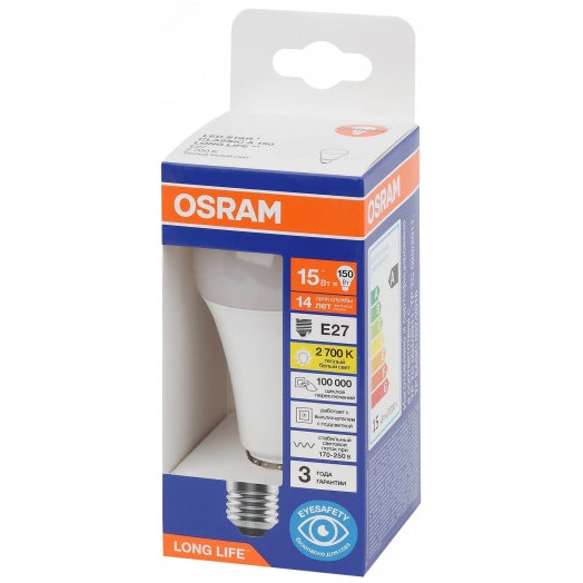 Лампа светодиодная LED 15Вт Е27 2700К 1521Лм груша 220В (замена 150Вт) OSRAM
