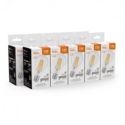 Лампа светодиодная филаментная LED 21 Вт 1900 лм 2700К А70 груша теплый E27 AC 210-240В IP20 Basic Gauss