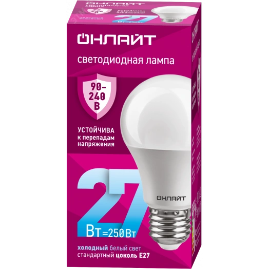 Лампа светодиодная 27вт OLL-A60-27-230-6.5K-E27 PRO 90-240В ОНЛАЙТ