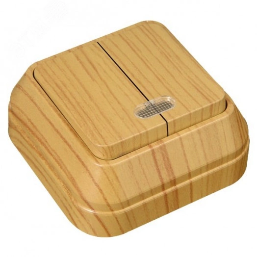 Выключатель двухклавишный наружный с подсветкой дуб