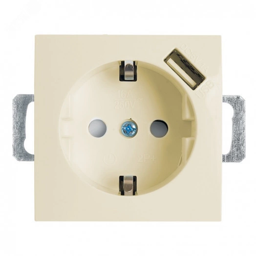 Розетка одноместная (механизм) с/з 250В, 16А с USB 1А, серия Эрна, слоновая кость, Stekker