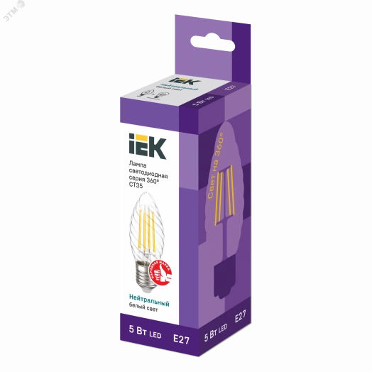 Лампа светодиодная CT35 свеча витая прозрачная 5Вт 230В 4000К E27 серия 360° IEK