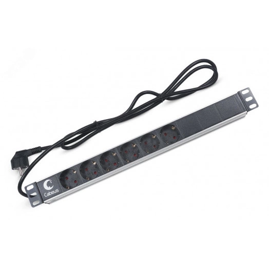 Блок евророзеток для 19' шкафов, горизонтальный, 6 розеток, 16 A, без выключателя, шнур 2м, алюминиевый корпус, немецкий стандарт