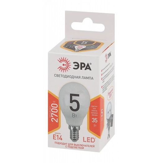 Лампа светодиодная LED P45-5W-827-E14 (диод, шар, 5Вт, тепл, E14 (10/100/3500)
