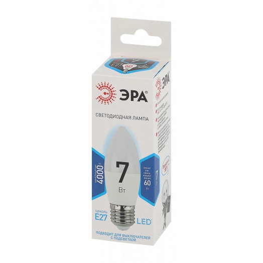 Лампа светодиодная Эра LED B35-7W-840-E27 (диод, свеча, 7Вт, нейтр, E27),