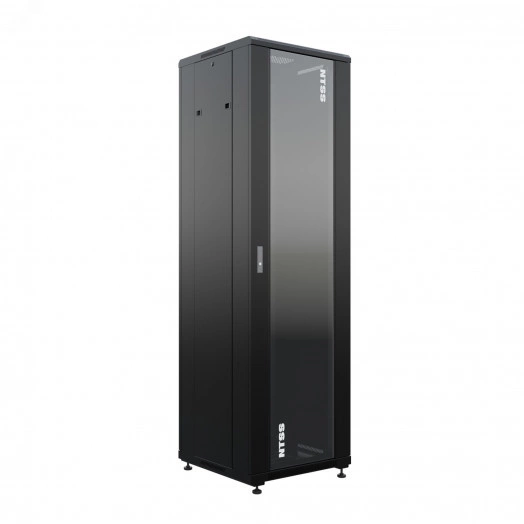 Шкаф напольный универсальный серверный R 47U 600х600мм, 4 профиля 19, двери стекло и сплошная металл, боковые стенки съемные, регулируемые опоры, разобранный, черный RAL 9005