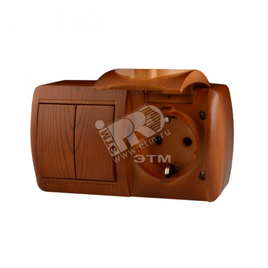 Ната Выключатель х2 +розетка с заземлением с крышкой сосна горизонтальный