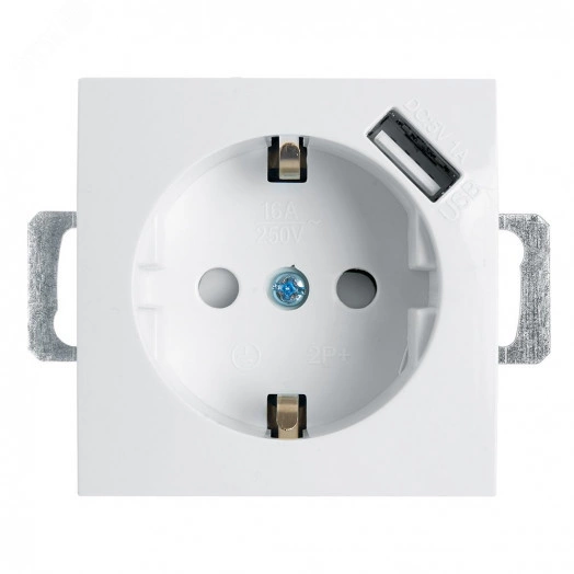 Розетка одноместная (механизм) с/з 250В, 16А с USB 1А, серия Эрна, белый, Stekker