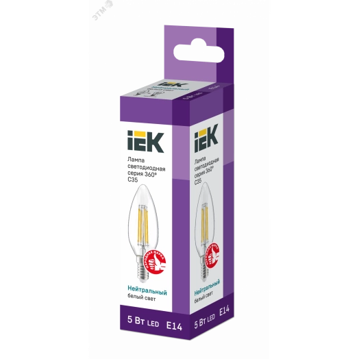 Лампа светодиодная C35 свеча прозрачная 5Вт 230В 4000К E14 серия 360° IEK