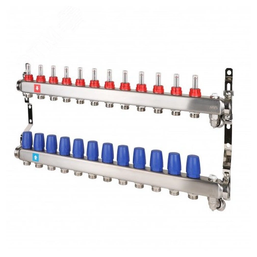 Коллекторная группа с расходомерами 1' х 12 выходов 3/4' НР евроконус с дренажным краном и воздухоотводчиком