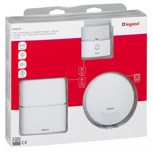 Звонок беспроводной - комплект Премиум - 30 рингтонов - дальность 200 м - цвет белый - дополнительный звонок Комфорт с питанием от сети 220В