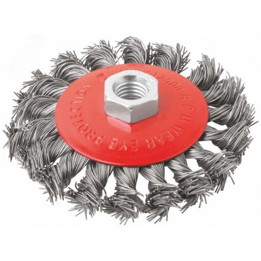 Корщетка-колесо с наклоном, гайка М14, стальная витая проволока 100 мм, блистер