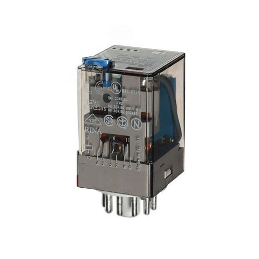 Реле универсальное электромеханическое, монтаж в розетку 11-штырьковый разъем, 3CO 10A, контакты AgNi+Au, катушка 125В AC, степень защиты RTI, опции: кнопка тест + LED