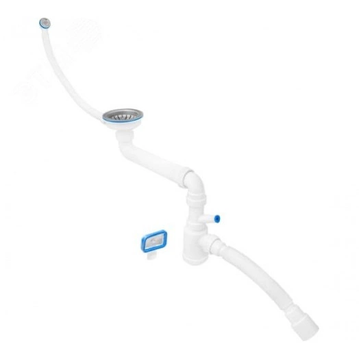 Сифон 2 в 1 для кухни 3 1/2'х40, со смещением (нержавеющая чашка, 2 перелива, с отведением для стиральной машинки) с гофротрубой 40х40/50