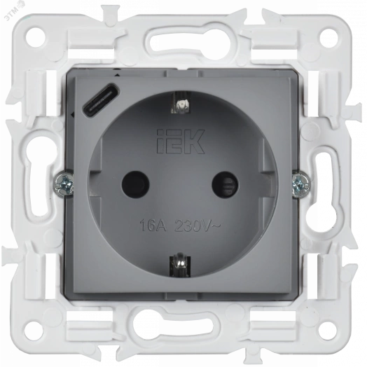 SKANDY Розетка с заземлением с защитными шторками 16А с USB C 18Вт SK-R17Gr серый IEK