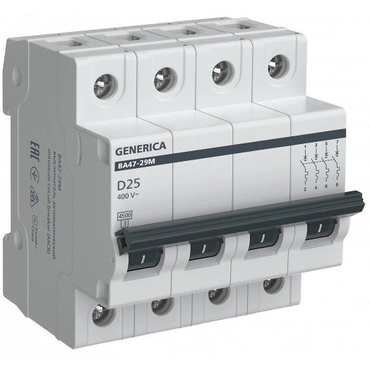 Автоматический выключатель ВА47-29М 4P 25А 4,5кА D GENERICA